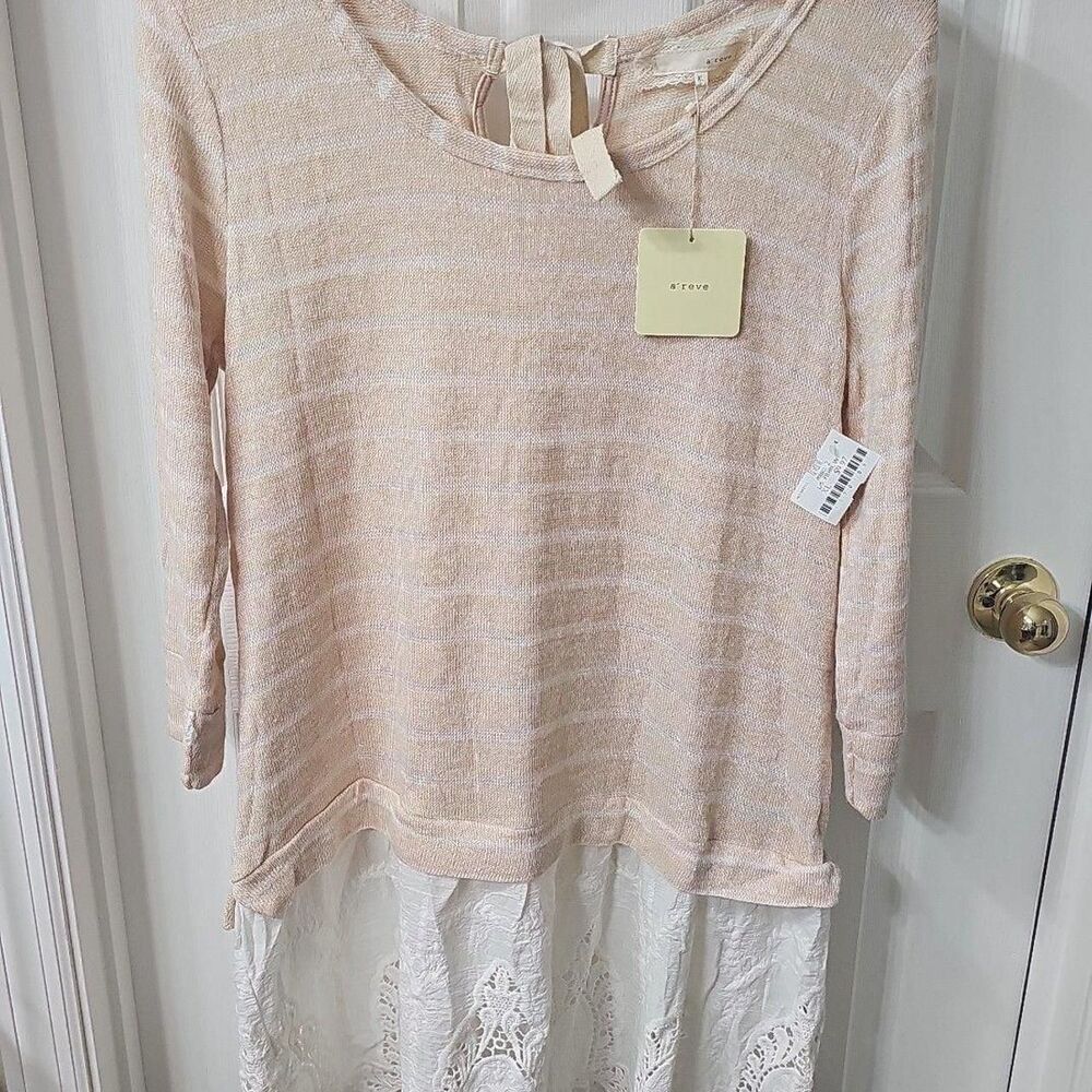 a'reve Striped Knit Tunic Sweater with Eyelet Lace Hem and Tie Back